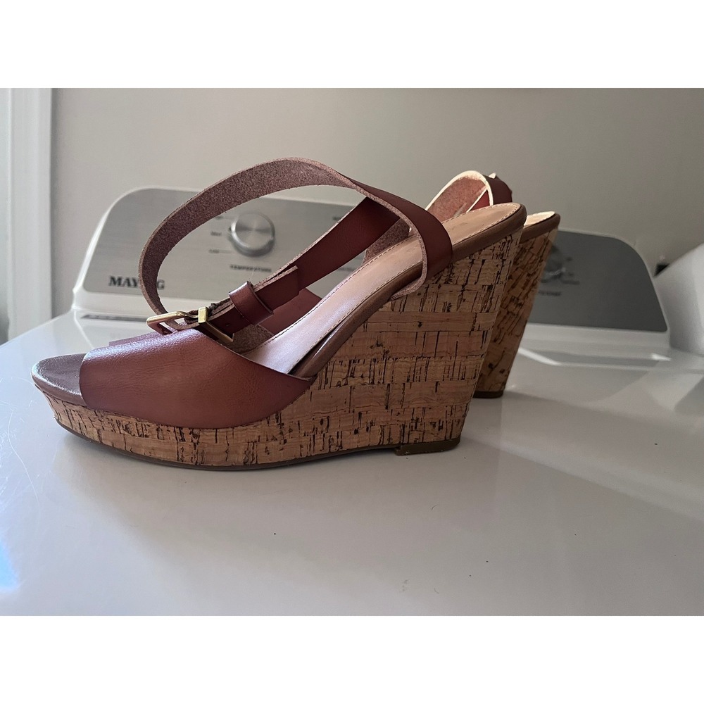 Express Womens Cognac Brown Cork Wedge Sandals Platform Ankle Strap Heel Size 8